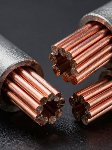 Macro close-up of heavy-duty copper wire cross-sections and industrial armored cabling, clean technical studio lighting, high contrast, sharp details.