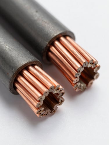 Macro close-up of heavy-duty copper wire cross-sections and industrial armored cabling, clean studio lighting, high-contrast details