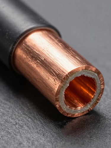 Macro studio shot of heavy-duty copper armored cabling cross-section, showing clean internal insulation layers, bright copper cores, slate gray background, sharp technical lighting.