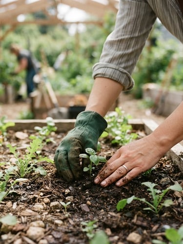 A close-up, candid shot of hands gently tending to young plants in a community garden, soft natural window light, muted earth tones, shallow depth of field, 35mm film look.