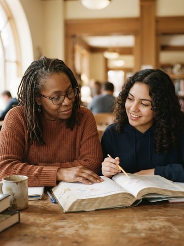 A candid, medium-close shot of a mentor and mentee quietly collaborating over a textbook in a sunlit community library, soft window light, shallow depth of field, muted earth tones.