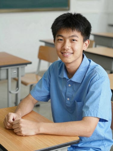 Bright natural daylight photograph of a student in a clean blue uniform smiling next to a wooden desk, 35mm honest documentary style