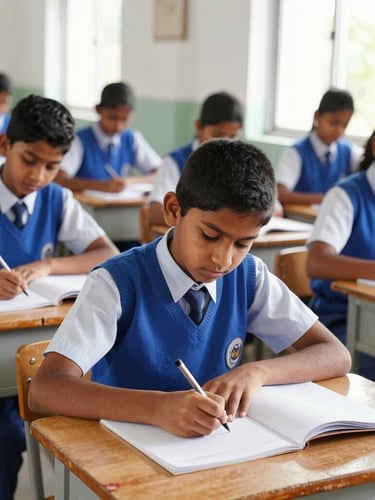 Medium shot of disciplined Indian school students in neat blue and white uniforms sitting at wooden desks in a bright classroom, writing in notebooks under natural window light, honest documentary photography, 35mm