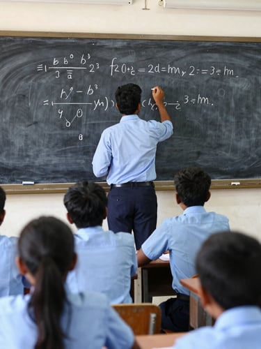 A bright Hyderabad classroom where disciplined students in neat blue uniforms listen attentively to a teacher writing mathematics equations on a blackboard, 35mm