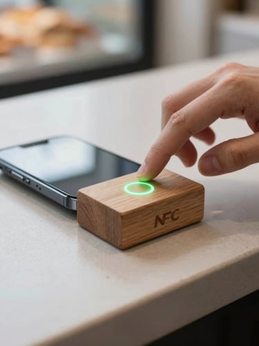 Macro shot of a hand tapping a modern smartphone on a physical wooden NFC block on a sleek bakery counter, soft neon green indicator glowing, natural daylight, 35mm