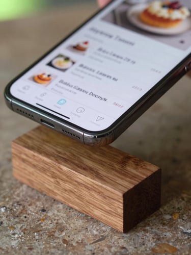 Close-up macro of a smartphone screen displaying a beautiful bakery menu, hovering just millimeters above a sleek wooden NFC block on a rustic counter.