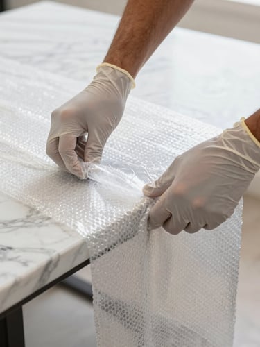 Close-up documentary photo of hands in protective gloves applying heavy-duty bubble wrap and corner guards to a polished marble tabletop, bright daylight.