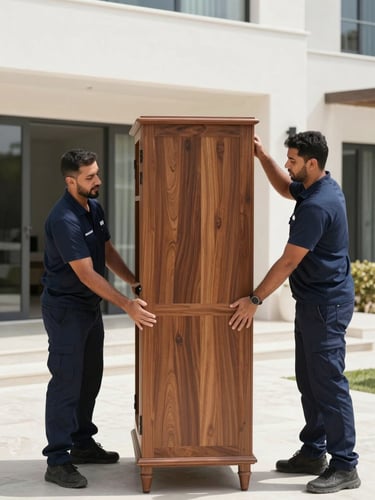 Crisp documentary shot of a professional moving crew in clean navy uniforms carefully wrapping a high-value wooden cabinet inside a bright UAE villa.