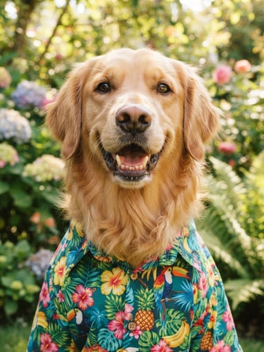 Eye-level close-up of a happy golden retriever wearing a colorful tropical print shirt, bright natural daylight, soft focus garden background