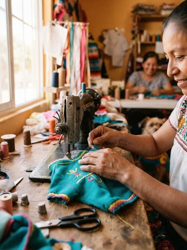 Bright natural light photography of a cheerful family workshop in Celaya, hands carefully sewing a colorful teal pet shirt, warm Guanajuato daylight, soft focus background, 35mm