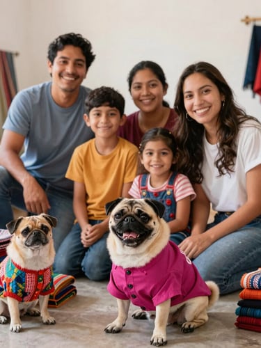 Eye-level medium shot of a happy family team in their bright Guanajuato workshop, surrounded by colorful fabrics and a cheerful pug wearing a custom magenta shirt, warm natural daylight, 35mm