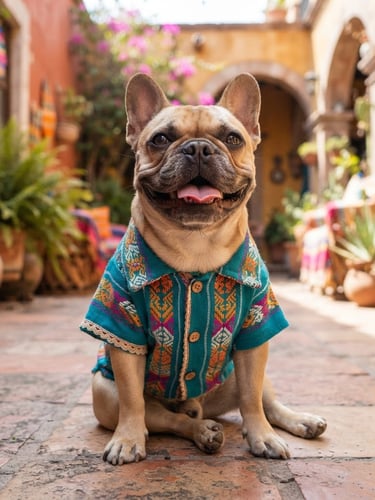 Eye-level portrait of a happy French Bulldog wearing a custom-tailored colorful teal shirt, sitting comfortably in a sunny Mexican patio, bright natural light, soft focus background, 35mm