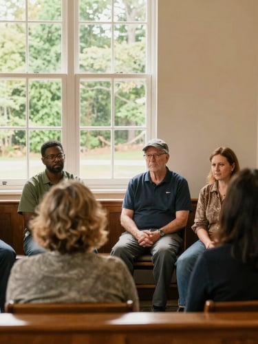 Warm editorial photograph of a diverse community meeting inside a bright North Carolina church hall, natural window light, forest green accents, authentic connection.