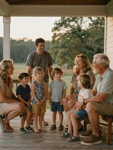 Candid environmental portrait of a multi-generational family gathering on a wooden porch in North Carolina, soft golden-hour light, warm earthy tones, 35mm lens.