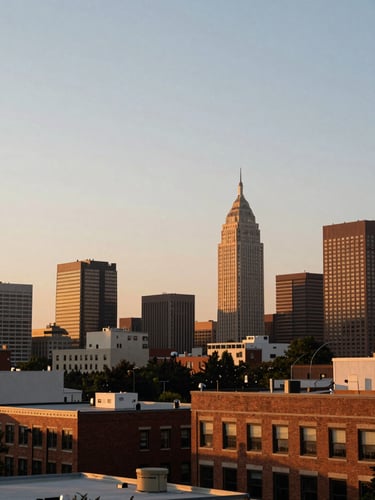 Wide panoramic view of downtown Raleigh North Carolina skyline at soft golden hour, warm sunset light reflecting off brick buildings, generous sky and negative space on the left, warm editorial photography style.