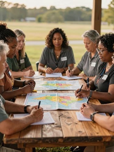A warm editorial photograph of a North Carolina community meeting, soft golden-hour natural light, rich earthy tones, authentic community moments, 35mm lens. Diverse leaders collaborating around a rustic wooden table with maps of North Carolina.