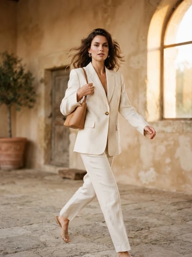 A professional fashion model in a structured cream linen blazer, captured in motion against a warm beige architectural backdrop, soft golden-hour window light, 35mm