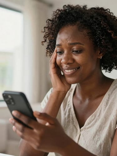 A close-up of a smiling Cameroonian mother in a bright, modern home in Douala, holding her phone and looking relieved, soft natural window light, premium editorial style.