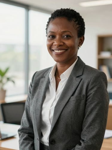 Dignified portrait of a Cameroonian business owner smiling in a bright office, natural daylight, soft focus on background, high-end editorial feel.