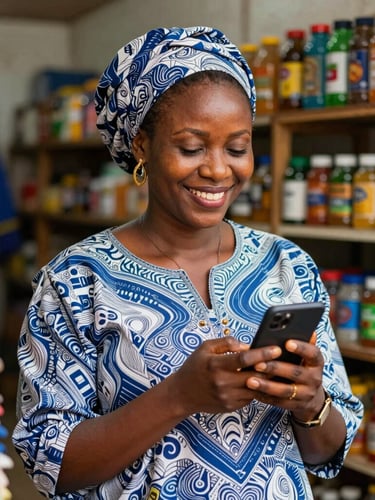 Dignified Cameroonian merchant in Douala smiling in her active retail shop, holding a smartphone, bright natural daylight, high clarity