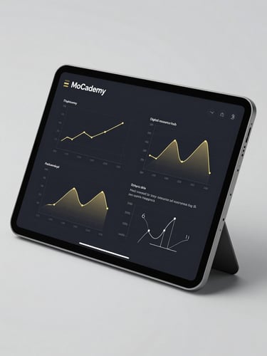 Sleek UI mockup of MoCademy digital resource hub on a tablet screen, high-contrast dark mode interface with clean mathematical graphs and gold highlights, crisp studio lighting