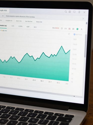 Extreme close-up of a laptop monitor displaying a Google Ads dashboard, cost-per-click trend line highlighted in teal, cool white studio light on the screen surface, sharp focus on the KPI row at the top of the interface