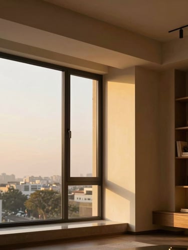 A warm, sun-drenched modern apartment interior in Mumbai, elegant minimalist decor, large window showing soft golden hour light, architectural detail