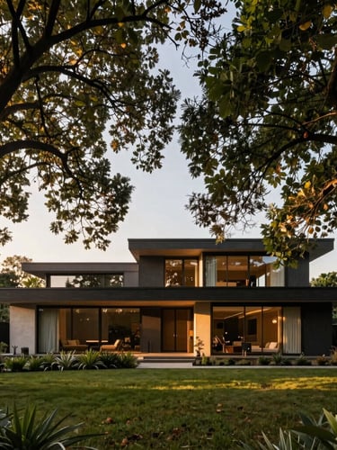 Wide environmental shot of a modern architectural home framed by a mature tree canopy, golden-hour natural light, 35mm