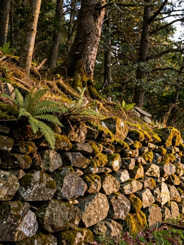 A finished stone masonry retaining wall blending into a mature forest hillside, soft overcast morning light, rich mosses and ferns growing in the crevices