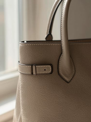 Warm editorial portrait of structured taupe leather handbag stitching, soft directional morning sunlight, neutral tones, shallow depth of field, 35mm