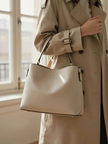 Warm editorial photography of a woman in a structured beige trench coat holding a minimalist leather bag, soft morning light in Paris, shallow depth of field, 35mm.