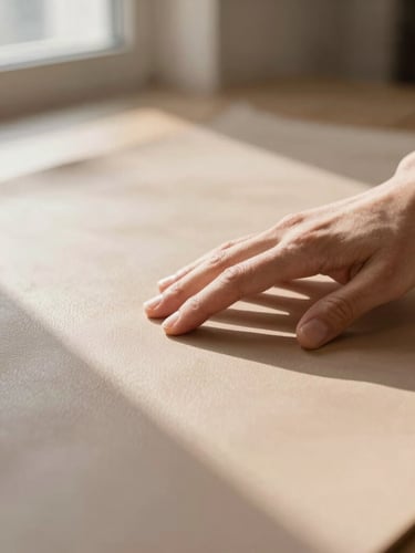 Hands of a master artisan touching a large sheet of warm taupe full-grain leather, soft directional morning sunlight, shallow depth of field, 35mm