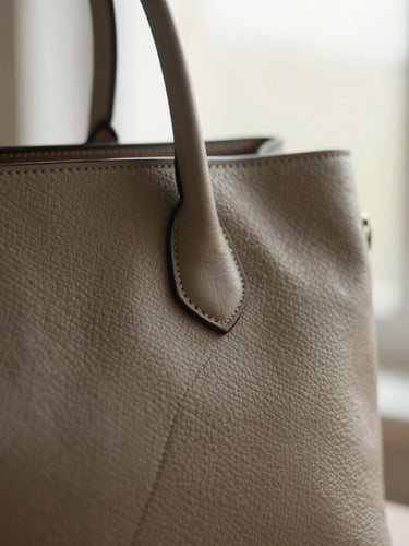 Extreme close-up of a structured leather handbag silhouette, soft morning window light, warm neutral tones, shallow depth of field, 35mm