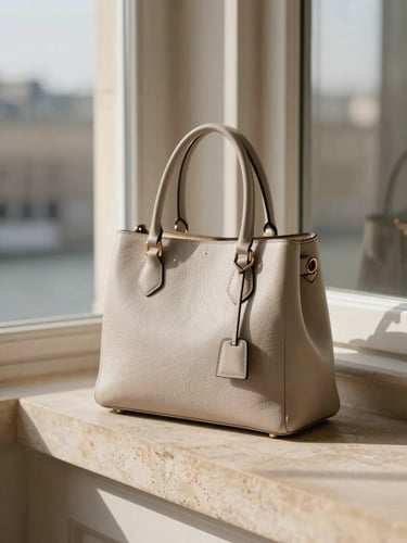 A close-up of a structured leather handbag resting on a sun-drenched stone ledge in Paris, soft morning shadows, shallow depth of field.