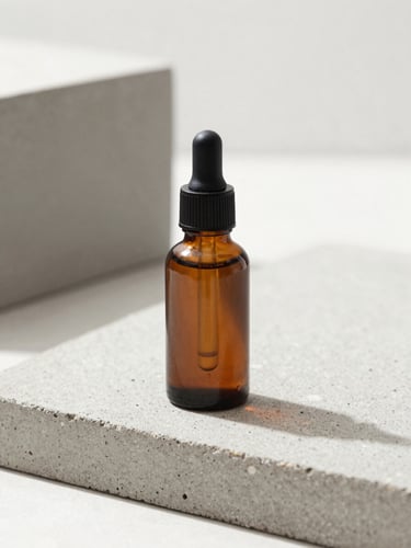 Minimalist dark amber peptide dropper bottle standing on a raw light grey concrete slab, bright diffused natural daylight, soft shadows, macro depth of field