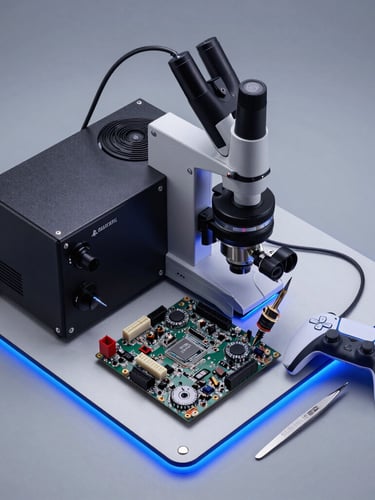 Overhead flat-lay of a professional soldering station, digital microscope, precision tweezers, and a disassembled PlayStation 5 mainboard on an anti-static mat, cool blue rim lighting