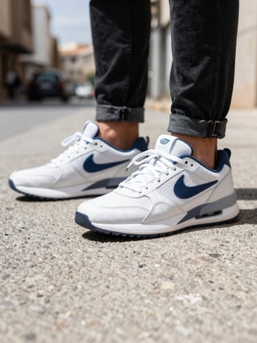 Low-angle dynamic shot of trendy sneakers on a textured concrete street in Casablanca, bright natural daylight, high contrast urban tones