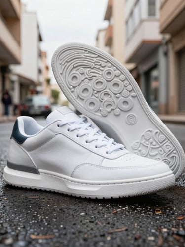 dynamic street style photography of a sleek modern sneaker on wet asphalt of a Casablanca street, bright natural daylight, high contrast urban tones, low angle 35mm lens focusing on the sole texture and clean stitching