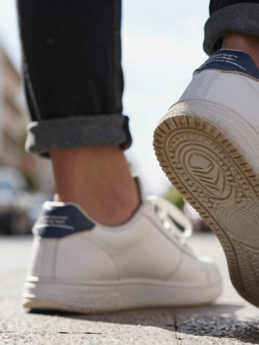 Close-up texture shot of sneaker soles and stitching on a Casablanca street, bright natural daylight