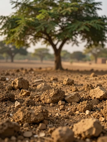 Close-up of rich Rajasthan desert clay soil under a moringa tree, warm morning light, organic texture, shallow depth of field.