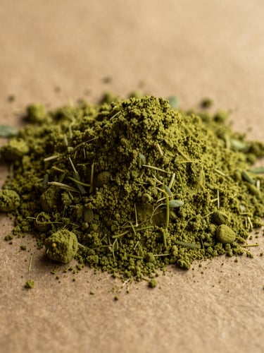 Macro shot of vibrant green moringa powder with fine texture on a raw kraft-paper background, warm golden-hour dawn light, shallow depth of field, 35mm