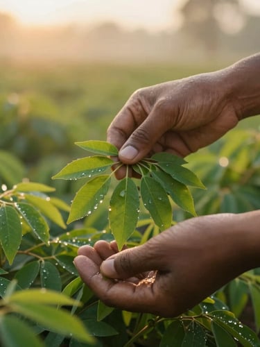 Hands carefully harvesting vibrant green moringa leaves at dawn, soft dew drops visible, golden-hour light, 35mm editorial.