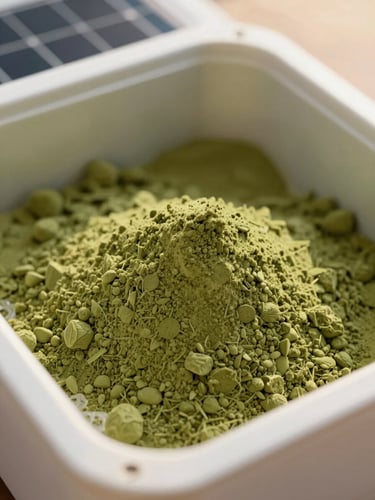 Close-up of vibrant green Moringa powder being sifted inside a pristine, solar-powered drying chamber, soft diffused light, 35mm