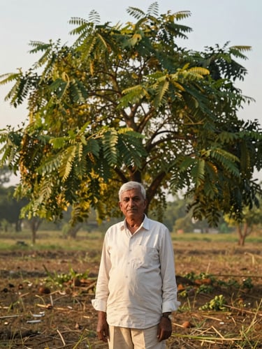 Authentic, unposed portrait of founder Narendra Singh standing among mature moringa trees at Chitawa Organic Farms, warm dawn light, 35mm