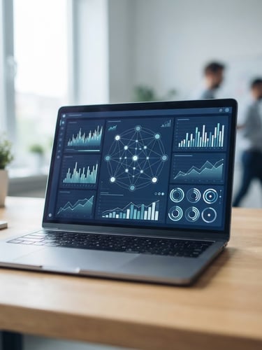 A clean minimalist laptop screen displaying a modern business analytics dashboard, bright natural daylight, cool navy tones, shallow depth of field