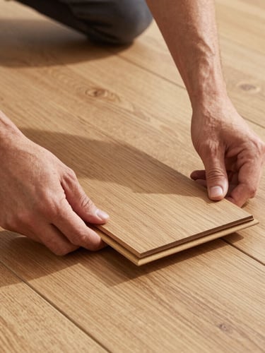 A close-up of hands carefully laying down clean oak hardwood flooring planks, crisp natural New England light, visible wood grain detail.