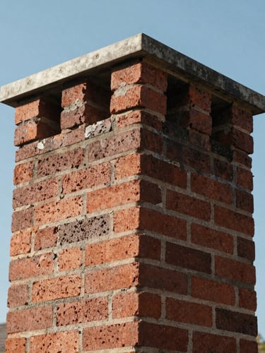 Crisp natural daylight on a clean brick chimney, close-up of fresh mortar joints and precise tuckpointing work against a clear Massachusetts sky.