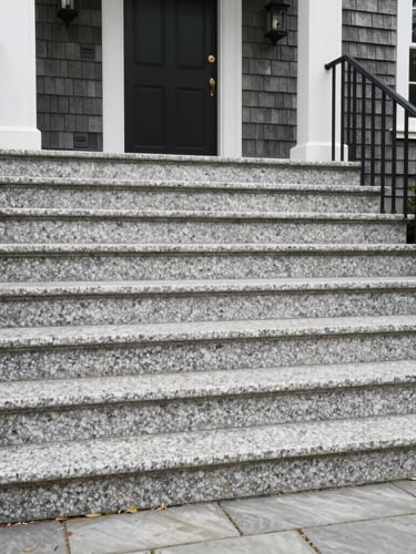 Wide shot of newly installed granite entry steps on a classic Massachusetts shingle-style home, clean lines, natural New England daylight.