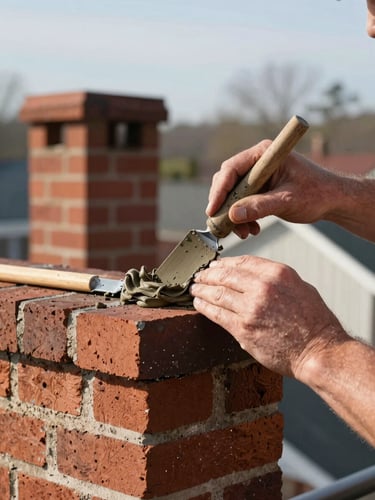 A close-up of a craftsman's hands carefully troweling mortar onto a red brick chimney under bright New England morning light.