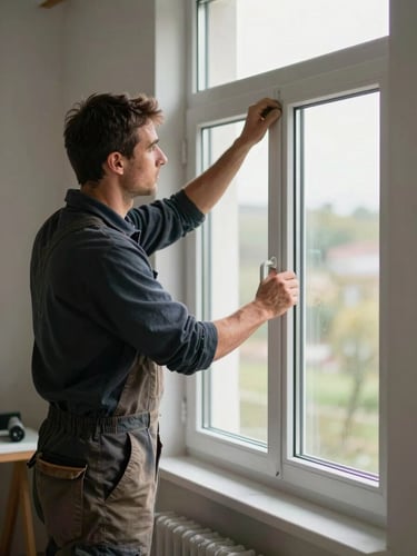 A worker in clean canvas work pants aligning a newly installed double-hung window frame, natural daylight.
